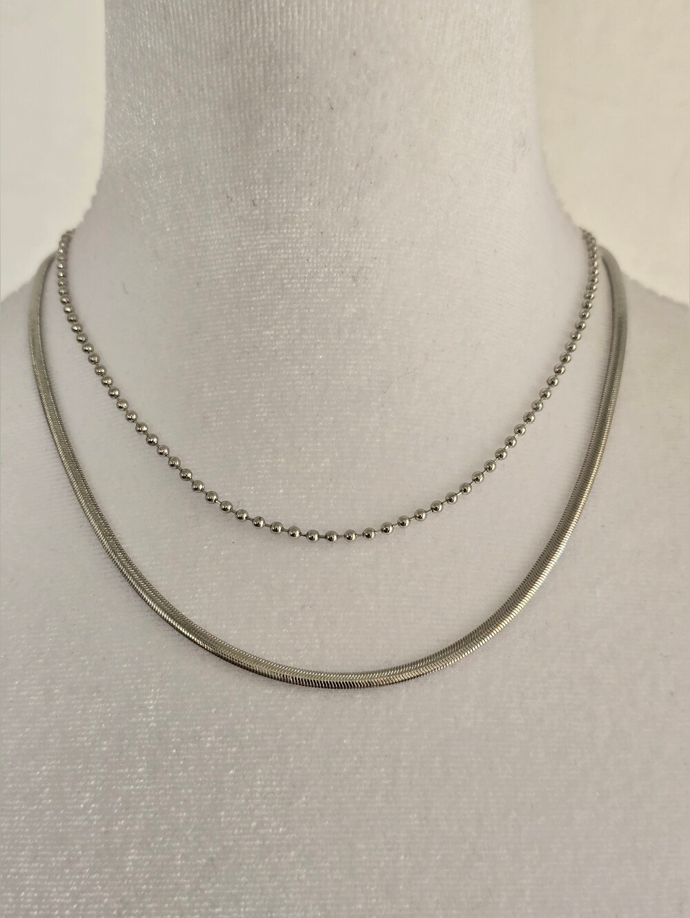 Silver Layered Ball and Herringbone Necklace Set